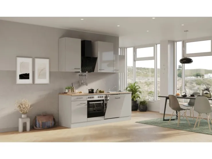 Flex-Well Exclusiv Einbauküchen<Küchenzeile 1701-017 Lund 220 cm Lichtgrau glänzend-Rauchgrau