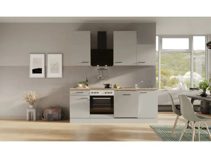 Flex-Well Exclusiv Einbauküchen<Küchenzeile 1701-017 Lund 220 cm Lichtgrau glänzend-Rauchgrau