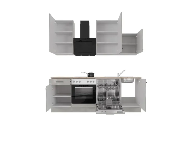 Flex-Well Exclusiv Einbauküchen<Küchenzeile 1701-017 Lund 220 cm Lichtgrau glänzend-Rauchgrau
