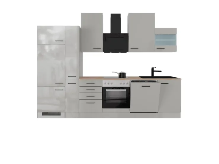 Outlet Flex-Well Exclusiv Küchenzeile Lund 310 cm Lichtgrau glänzend-Rauchgrau