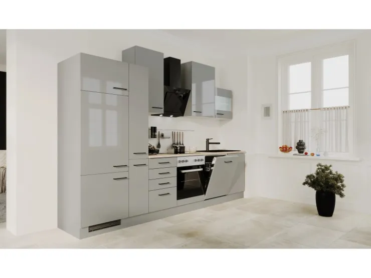 Outlet Flex-Well Exclusiv Küchenzeile Lund 310 cm Lichtgrau glänzend-Rauchgrau