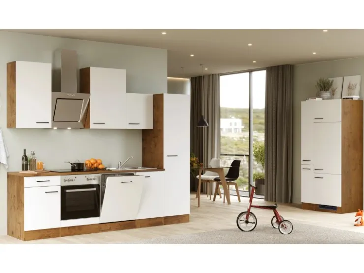 Flex-Well Exclusiv Kühlschränke<Küchenzeile Vintea 360 cm Magnolia matt - Lancelot Oak