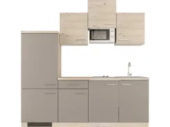 Clearance Küchenzeile Arizona 210 cm Quarz Cubanit - San Remo Eiche Kühlschränke