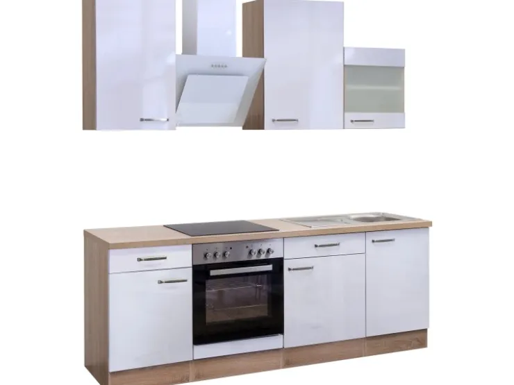 Flex-Well Exclusiv Kochfelder|Kühlschränke<Küchenzeile Valero 220 cm Hochglanz Weiß-Sonoma Eiche