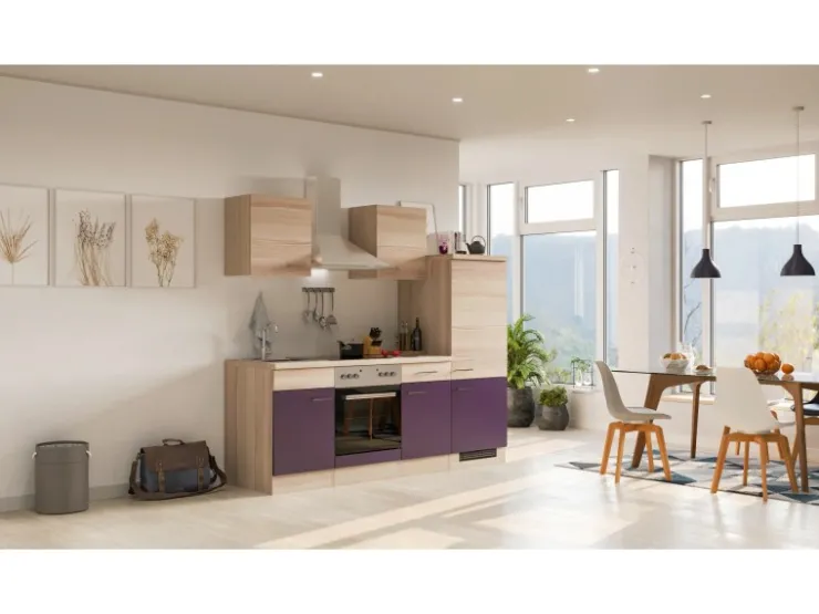 New Küchenzeile Focus 220 cm Akazie - Aubergine Herde
