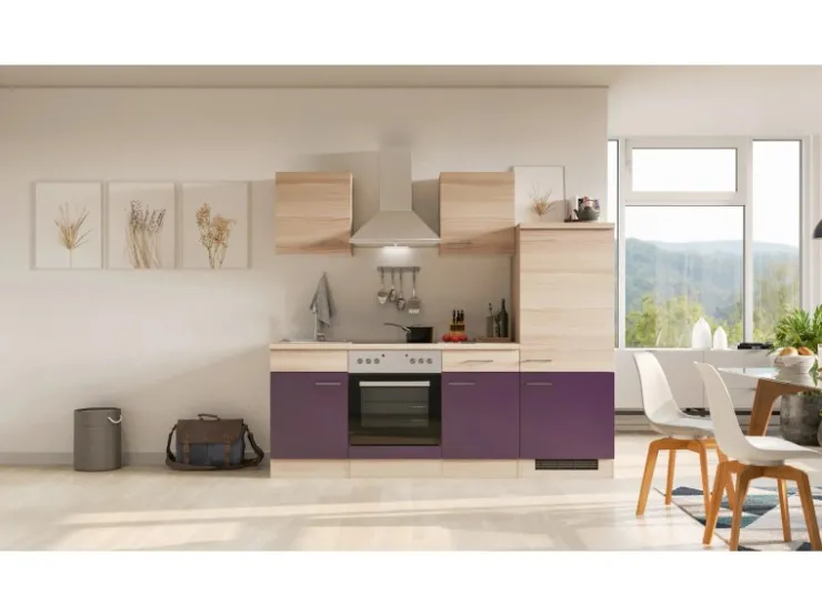 New Küchenzeile Focus 220 cm Akazie - Aubergine Herde