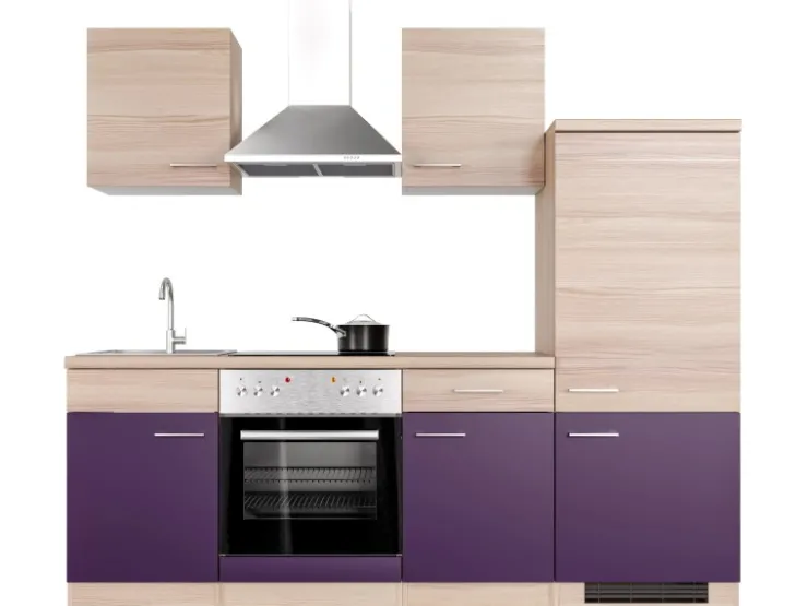 New Küchenzeile Focus 220 cm Akazie - Aubergine Herde