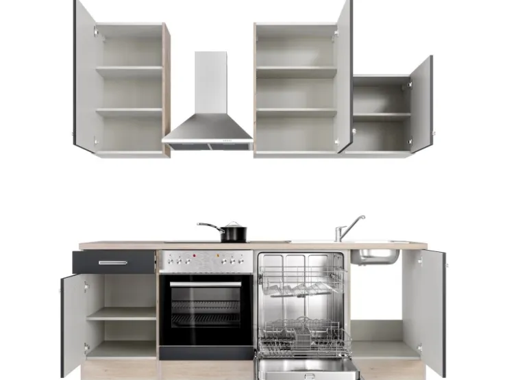 Flex-Well Exclusiv Herde<Küchenzeile Lara 220 cm Anthrazit - San Remo Eiche