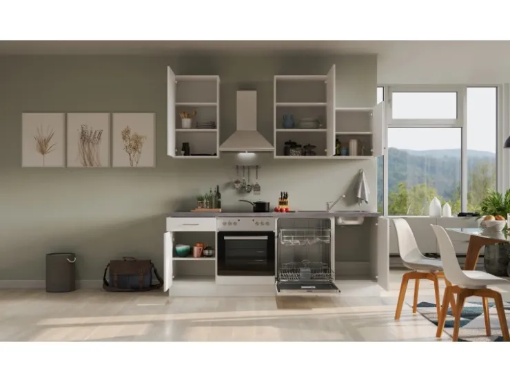 Clearance Flex-Well Exclusiv Küchenzeile Joelina 220 cm Weiß matt - Beton Grau