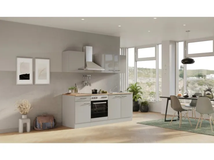 New Flex-Well Exclusiv Küchenzeile 1601-036 Lund 210cm Lichtgrau glänzend -Rauchgrau
