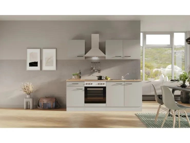 New Flex-Well Exclusiv Küchenzeile 1601-036 Lund 210cm Lichtgrau glänzend -Rauchgrau