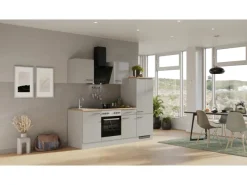 Outlet Küchenzeile 1706-005 Lund 220 cm Lichtgrau glänzend-Rauchgrau Herde|Kühlschränke