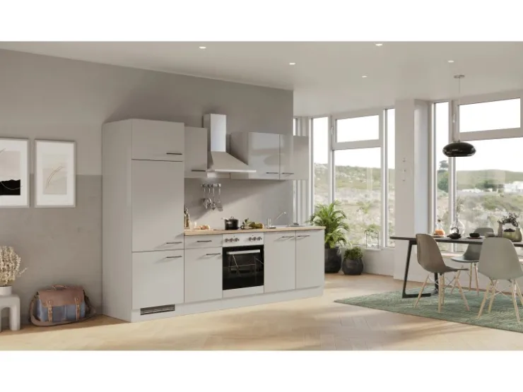 Discount Flex-Well Exclusiv Küchenzeile Lund 270 cm Lichtgrau glänzend-Rauchgrau