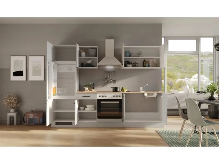 Discount Flex-Well Exclusiv Küchenzeile Lund 270 cm Lichtgrau glänzend-Rauchgrau