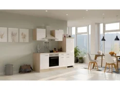 Outlet Küchenzeile Valero 220 cm Hochglanz Weiß - Sonoma Eiche Herde|Kochfelder