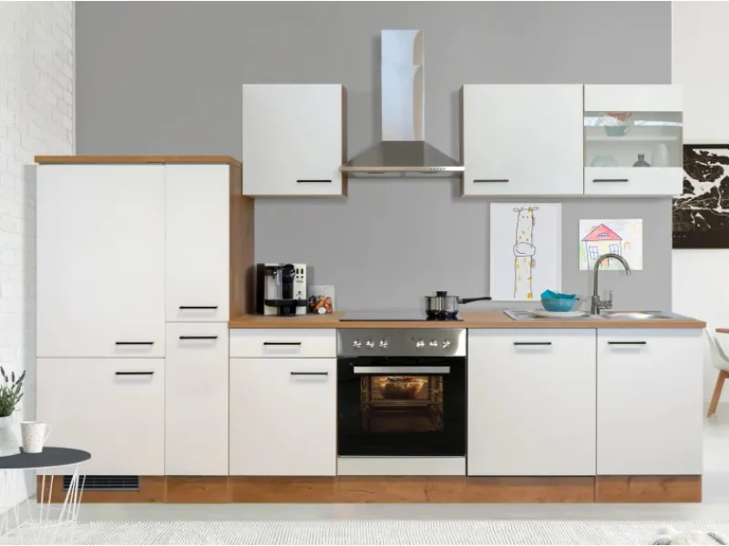 Hot Küchenzeile Vintea 310 cm Magnolia-Lancelot Oak Kochfelder|Herde