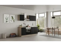 New Küchenzeile Capri 210 cm Schwarz Matt-Endgrain Oak Kochfelder|Winkelküchen
