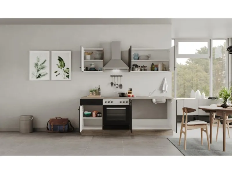 New Küchenzeile Capri 210 cm Schwarz Matt-Endgrain Oak Kochfelder|Winkelküchen