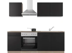 New Küchenzeile Capri 210 cm Schwarz Matt-Endgrain Oak Kochfelder|Winkelküchen