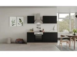 New Küchenzeile Capri 210 cm Schwarz Matt-Endgrain Oak Kochfelder|Winkelküchen