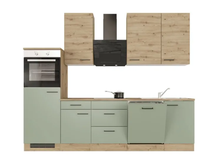 Discount Flex-Well Exclusiv Küchenzeile Cara 280 cm Schilfgrün matt - Artisan Eiche