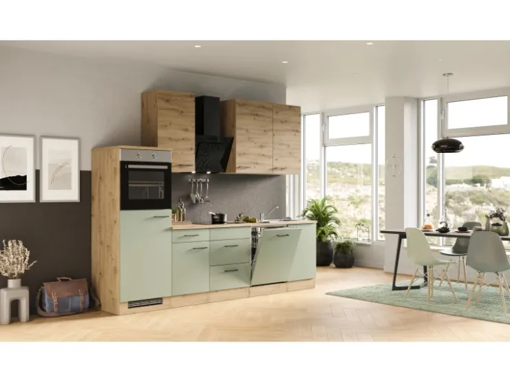 Discount Flex-Well Exclusiv Küchenzeile Cara 280 cm Schilfgrün matt - Artisan Eiche