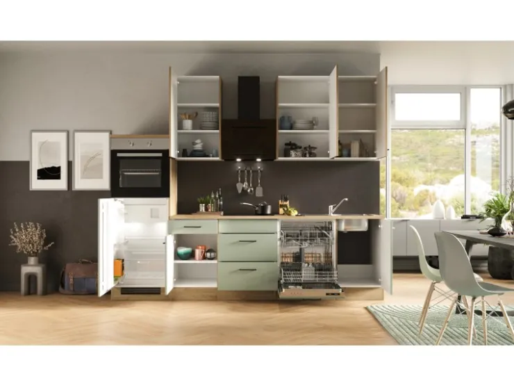 Discount Flex-Well Exclusiv Küchenzeile Cara 280 cm Schilfgrün matt - Artisan Eiche