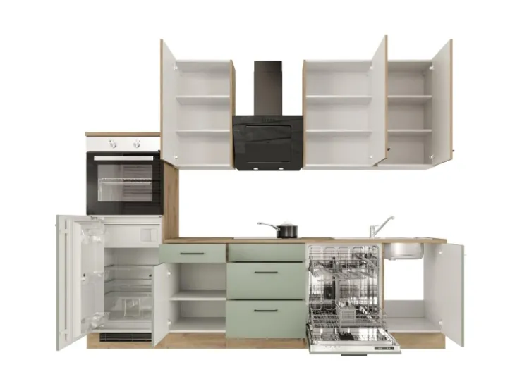 Discount Flex-Well Exclusiv Küchenzeile Cara 280 cm Schilfgrün matt - Artisan Eiche