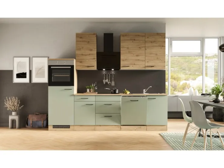 Discount Flex-Well Exclusiv Küchenzeile Cara 280 cm Schilfgrün matt - Artisan Eiche