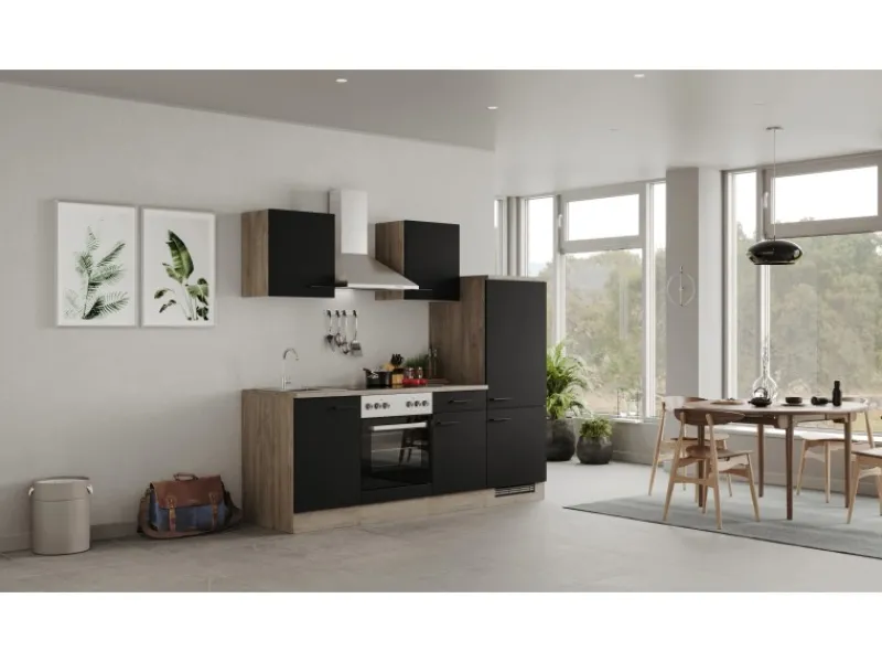 Outlet Küchenzeile Capri 220 cm Schwarz Matt-Endgrain Oak Kühlschränke|Kochfelder