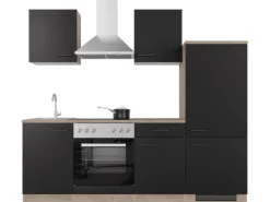 Outlet Küchenzeile Capri 220 cm Schwarz Matt-Endgrain Oak Kühlschränke|Kochfelder
