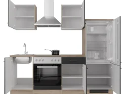 Outlet Küchenzeile Capri 220 cm Schwarz Matt-Endgrain Oak Kühlschränke|Kochfelder