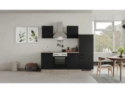 Outlet Küchenzeile Capri 220 cm Schwarz Matt-Endgrain Oak Kühlschränke|Kochfelder