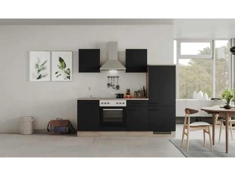 Outlet Küchenzeile Capri 220 cm Schwarz Matt-Endgrain Oak Kühlschränke|Kochfelder
