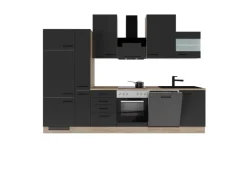 Clearance Flex-Well Exclusiv Küchenzeile Capri 310 cm Schwarz Matt-Endgrain Oak