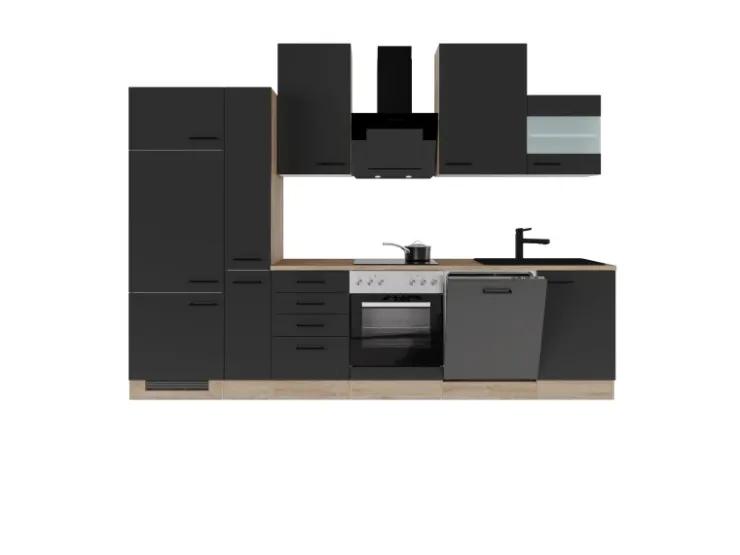 Clearance Flex-Well Exclusiv Küchenzeile Capri 310 cm Schwarz Matt-Endgrain Oak