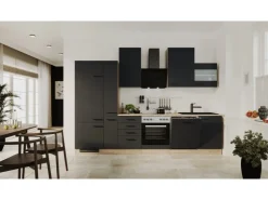 Clearance Flex-Well Exclusiv Küchenzeile Capri 310 cm Schwarz Matt-Endgrain Oak