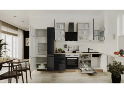 Clearance Flex-Well Exclusiv Küchenzeile Capri 310 cm Schwarz Matt-Endgrain Oak
