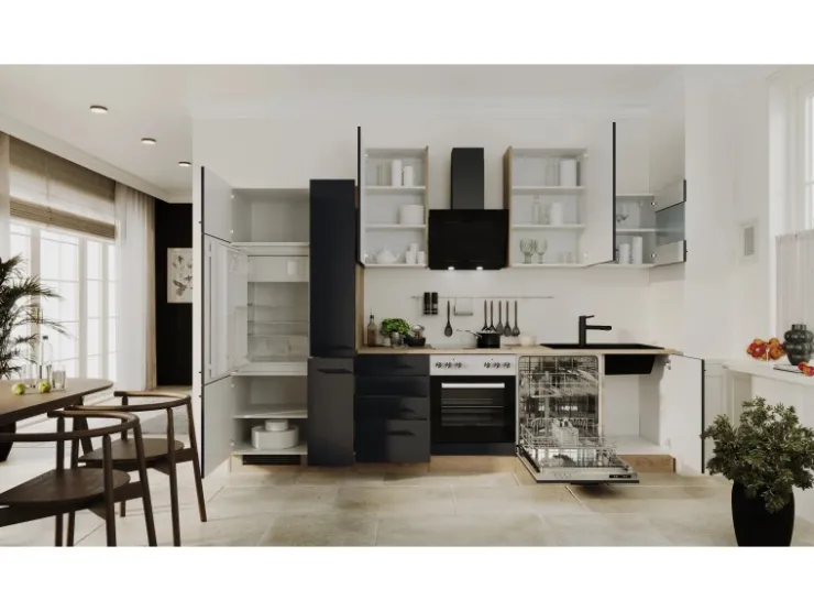 Clearance Flex-Well Exclusiv Küchenzeile Capri 310 cm Schwarz Matt-Endgrain Oak