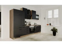 Clearance Flex-Well Exclusiv Küchenzeile Capri 310 cm Schwarz Matt-Endgrain Oak