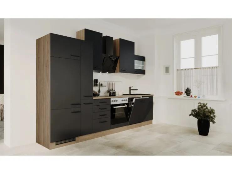 Clearance Flex-Well Exclusiv Küchenzeile Capri 310 cm Schwarz Matt-Endgrain Oak