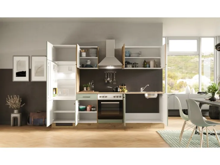 Best Flex-Well Exclusiv Küchenzeile Cara 270 cm Schilfgrün matt - Artisan Eiche