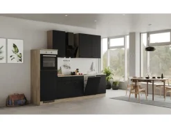 Discount Küchenzeile Capri 280 cm Schwarz Matt-Endgrain Oak Kühlschränke|Kochfelder