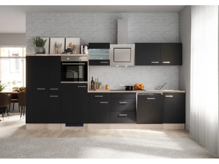 Outlet Küchenzeile Vintea 310 cm Magnolia matt - Lancelot Oak Kühlschränke|Herde