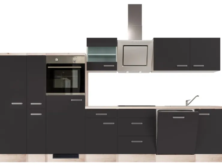 Outlet Küchenzeile Vintea 310 cm Magnolia matt - Lancelot Oak Kühlschränke|Herde