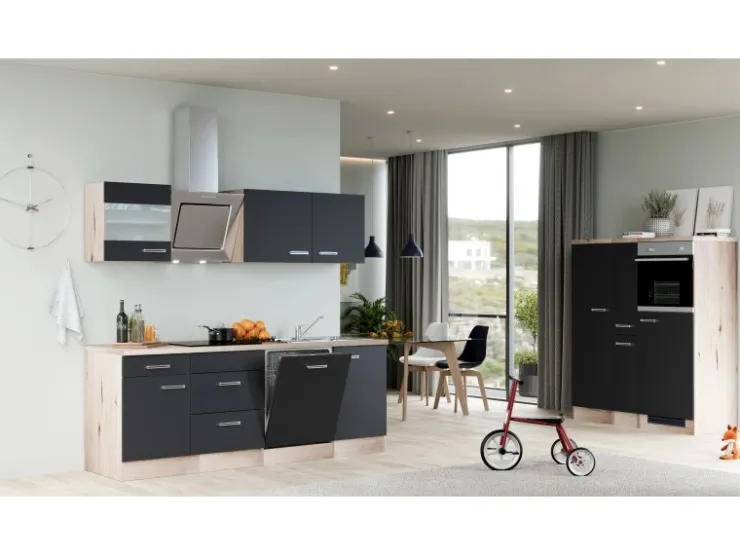 Outlet Küchenzeile Vintea 310 cm Magnolia matt - Lancelot Oak Kühlschränke|Herde