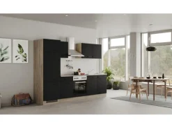 Clearance Küchenzeile Capri 270 cm Schwarz Matt-Endgrain Oak Einbauküchen|Kühlschränke