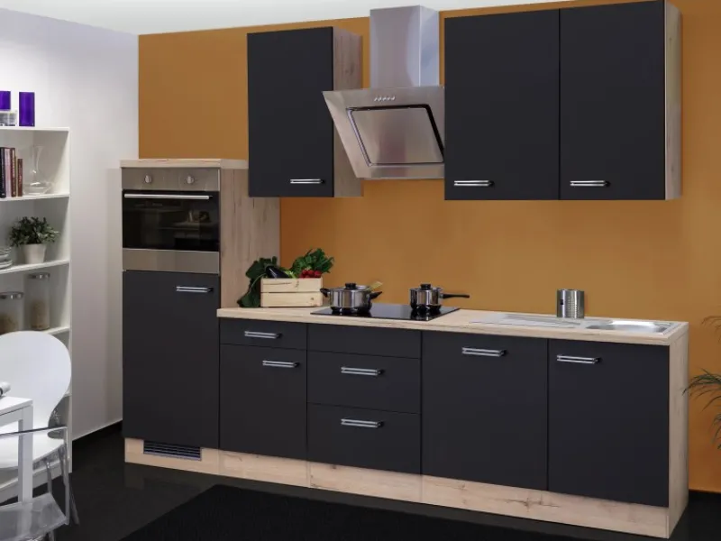Outlet Küchenzeile Lara 280 cm Anthrazit-San Remo Eiche NB Einbauküchen|Kochfelder