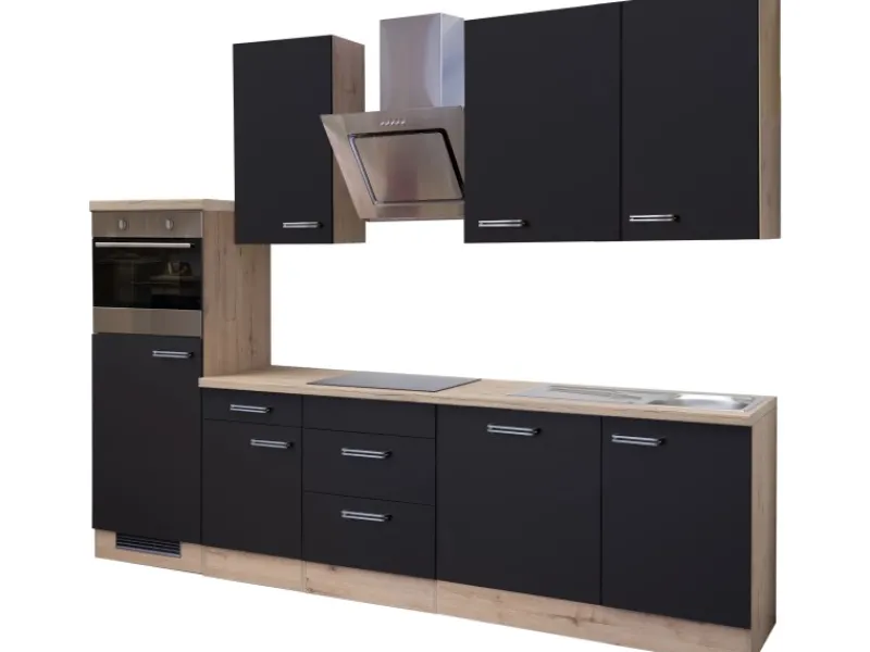 Outlet Küchenzeile Lara 280 cm Anthrazit-San Remo Eiche NB Einbauküchen|Kochfelder