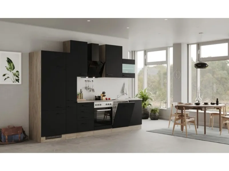 Online Küchenzeile Capri 310 cm Schwarz Matt-Endgrain Oak Einbauküchen|Kühlschränke